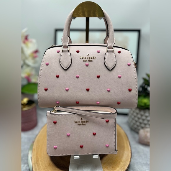 Kate Spade Madison Heart Studs Small Dolly Duffle with wristlet Powdered Sugar - Picture 1 of 12